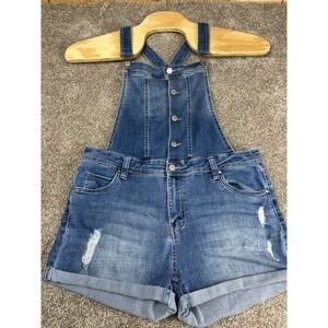Women's Celebrity Pink Distressed Denim Shorts Overalls Shortalls‎ Size Large